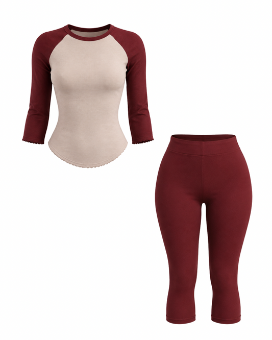 Campfire Capri Set - Raglan Top - Leggings - Wine Red