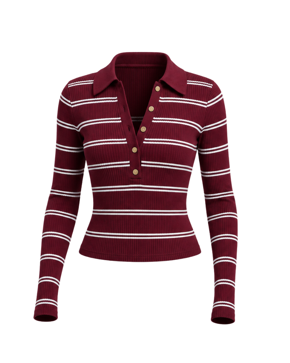 Hilary bel-Air - Stripped - Long Sleeved - Polo - Burgundy