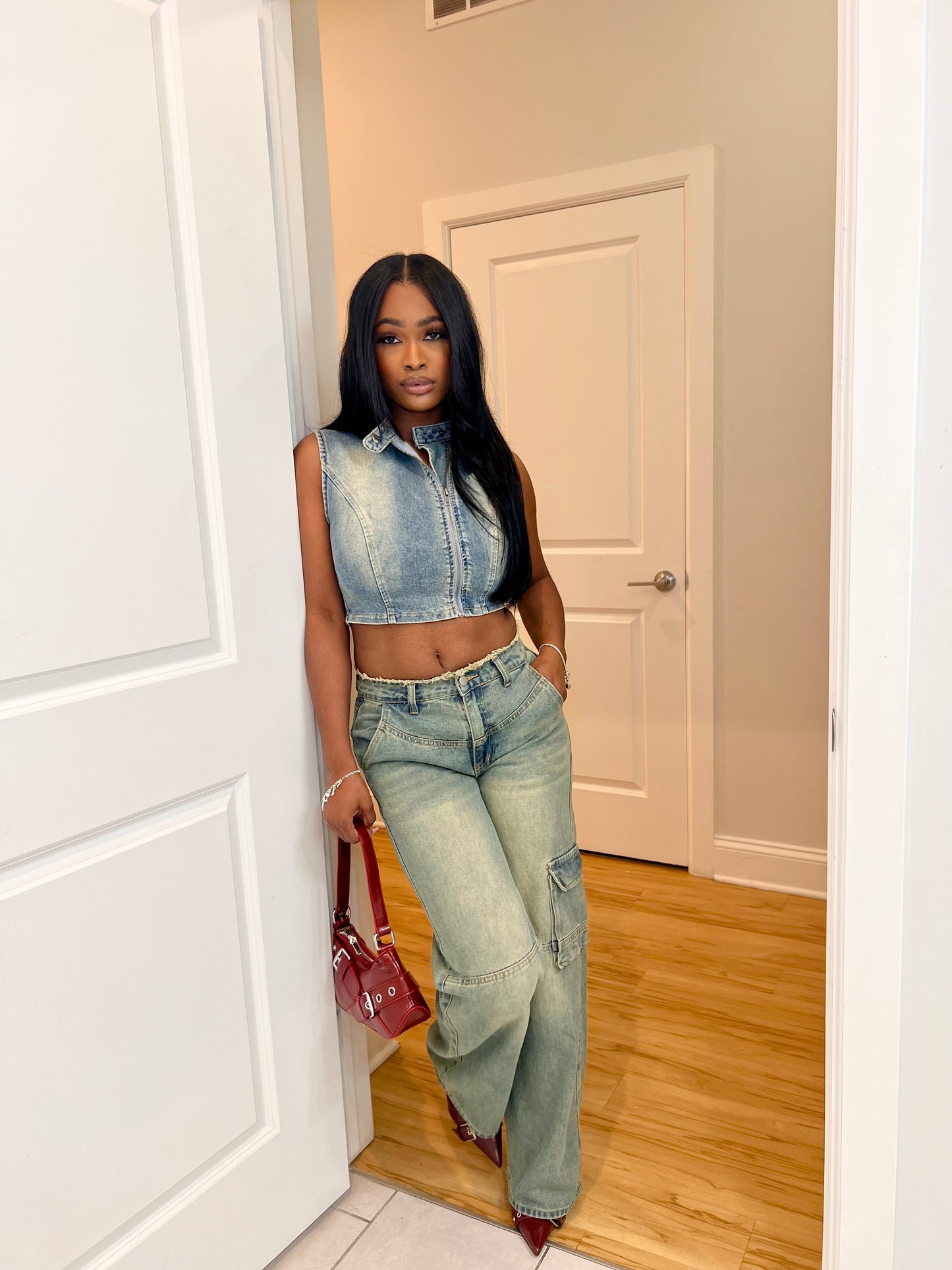 Denim Zip-Up Crop Top