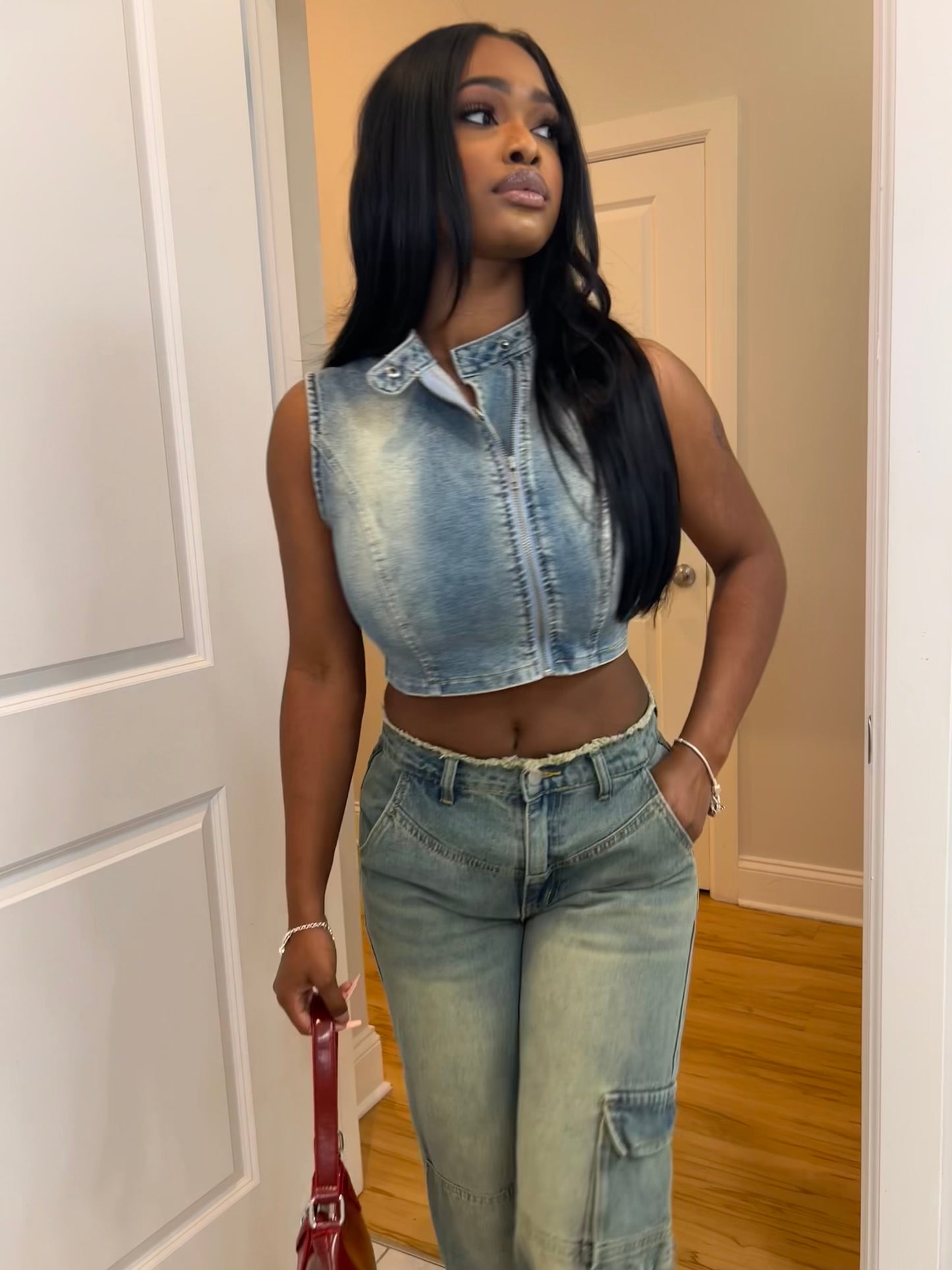 Denim Zip-Up Crop Top