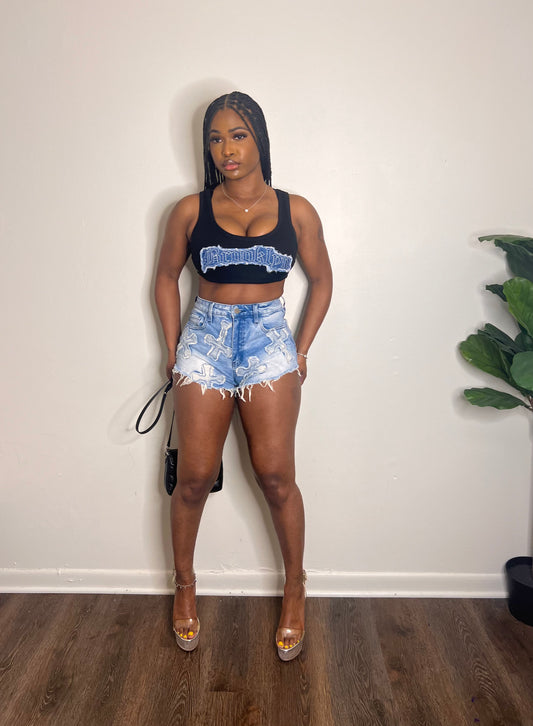 Crossed Out Denim Shorts